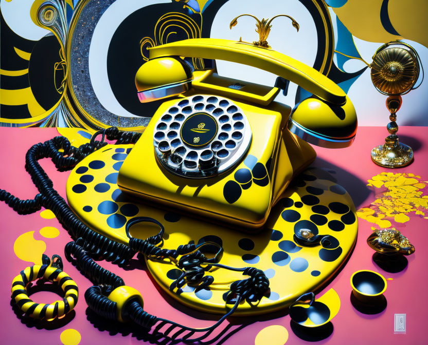 Colorful Abstract Art: Vibrant Yellow Rotary Phone with Matching Background