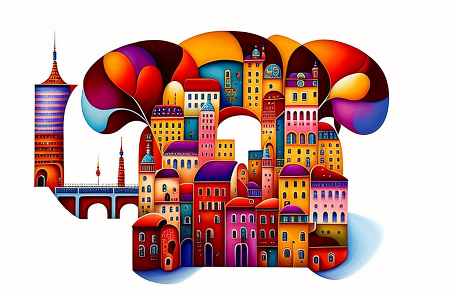 Vibrant cityscape artwork with abstract buildings and arches