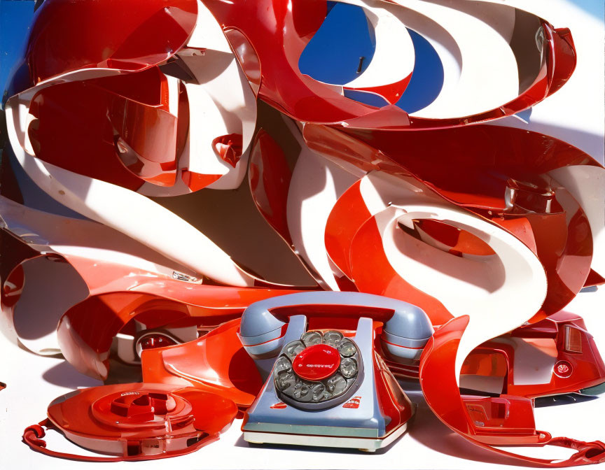 Colorful Vintage Telephone Parts Arranged on Blue Background