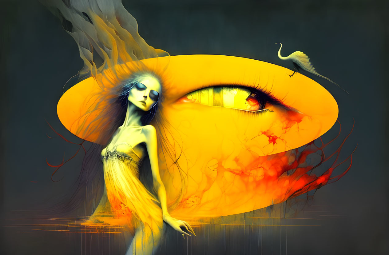 Surreal female figure with flowing hair and eye-shaped ring in dark background