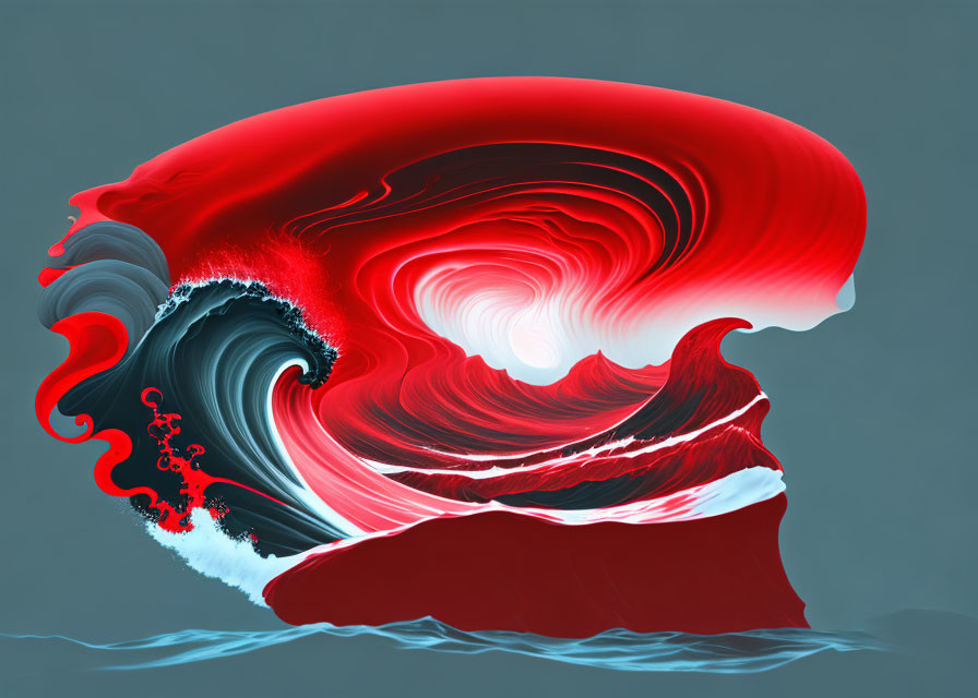 Abstract digital art: Red and gray swirling wave on neutral backdrop