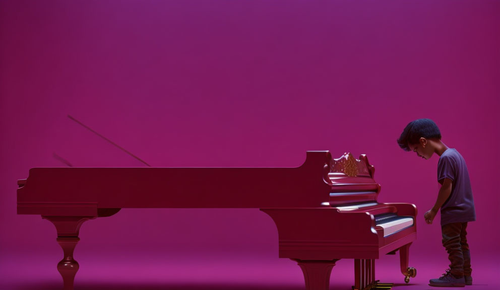 Young boy beside red grand piano in room with matching lighting