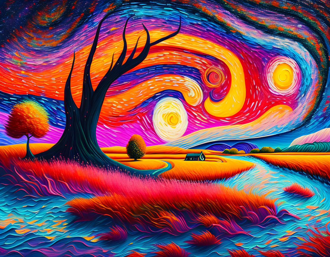 Colorful landscape with swirling skies and a barren tree in expressive style