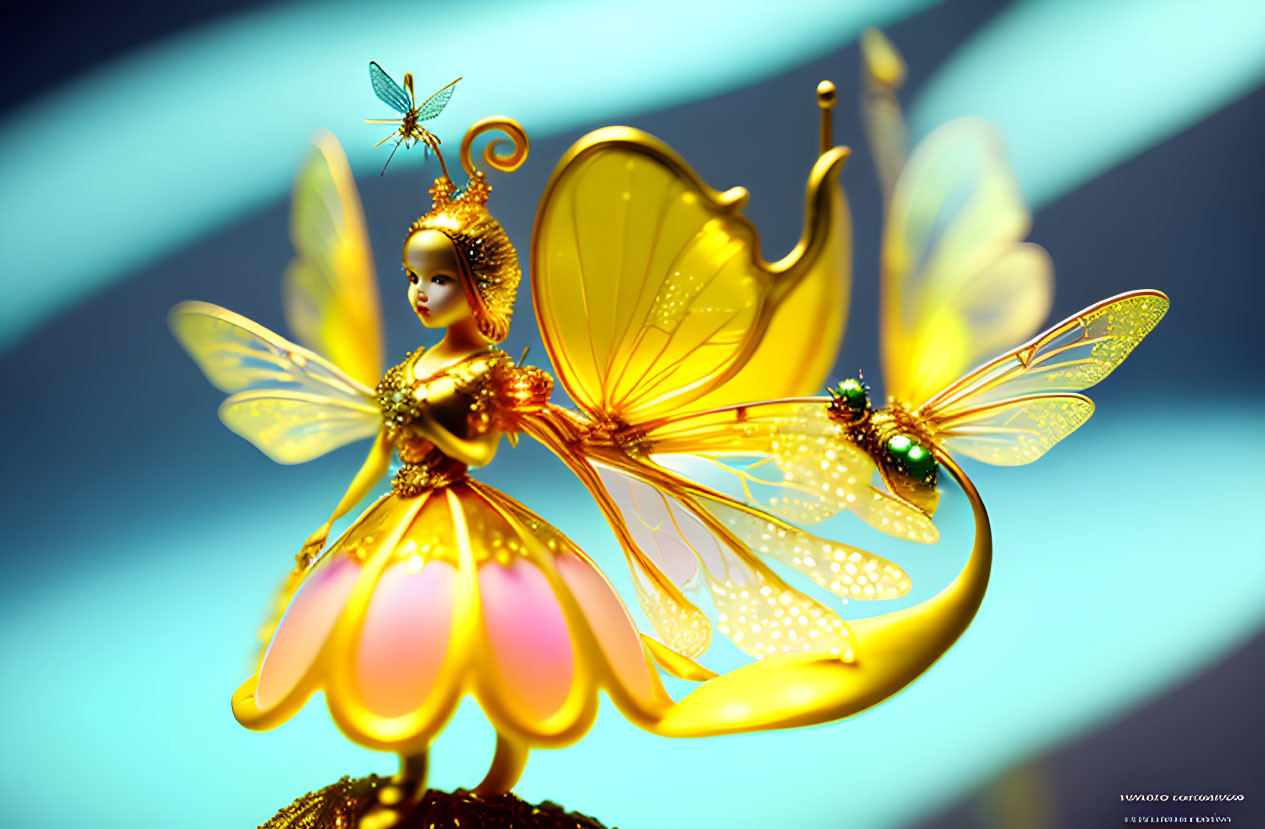 Golden fairy with dragonfly on flower in digital art