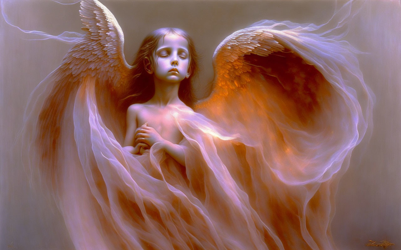 Angel with Feathered Wings in Glowing Aura Against Subdued Background