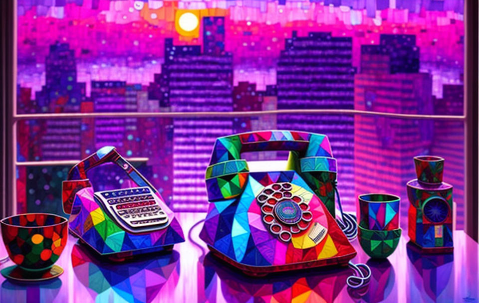 Colorful Retro Objects and Cityscape Artwork in Sunset Colors