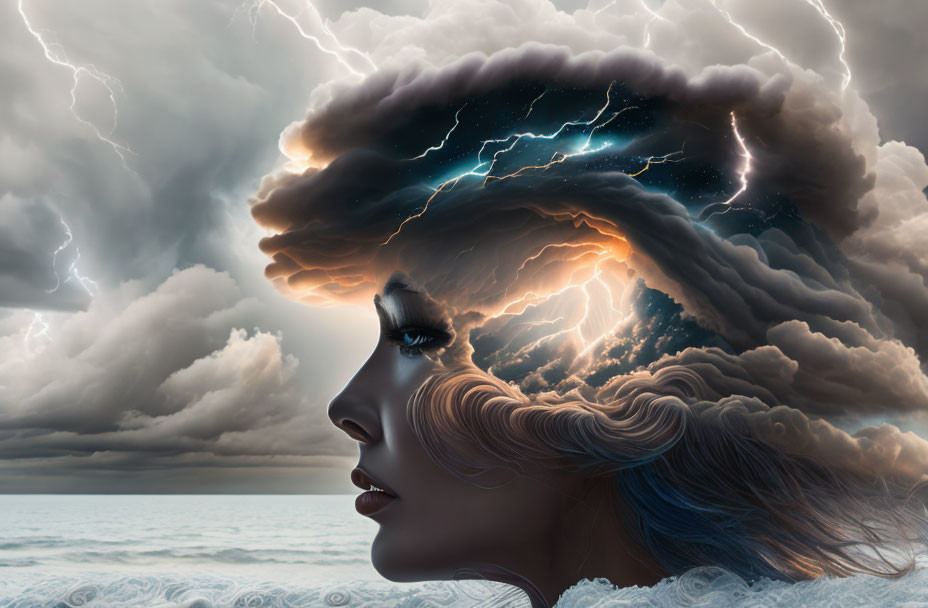 Surreal profile of woman with stormy brain and ocean backdrop