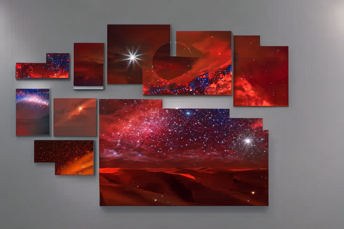 Cosmic Scene Wall Art with Stars, Galaxies, and Nebulae in Red and Blue T