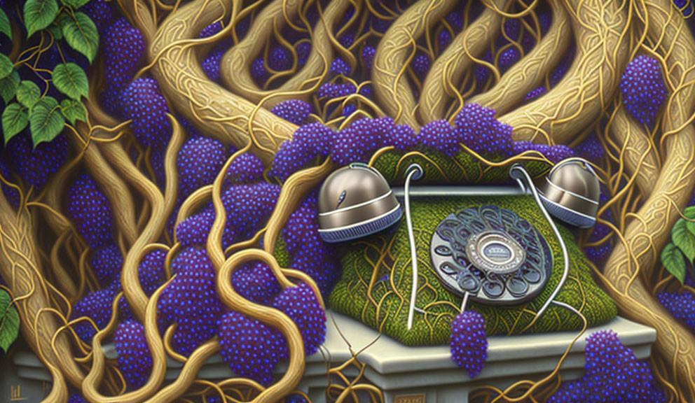 Vintage Rotary Telephone in Surreal Blueberry Landscape