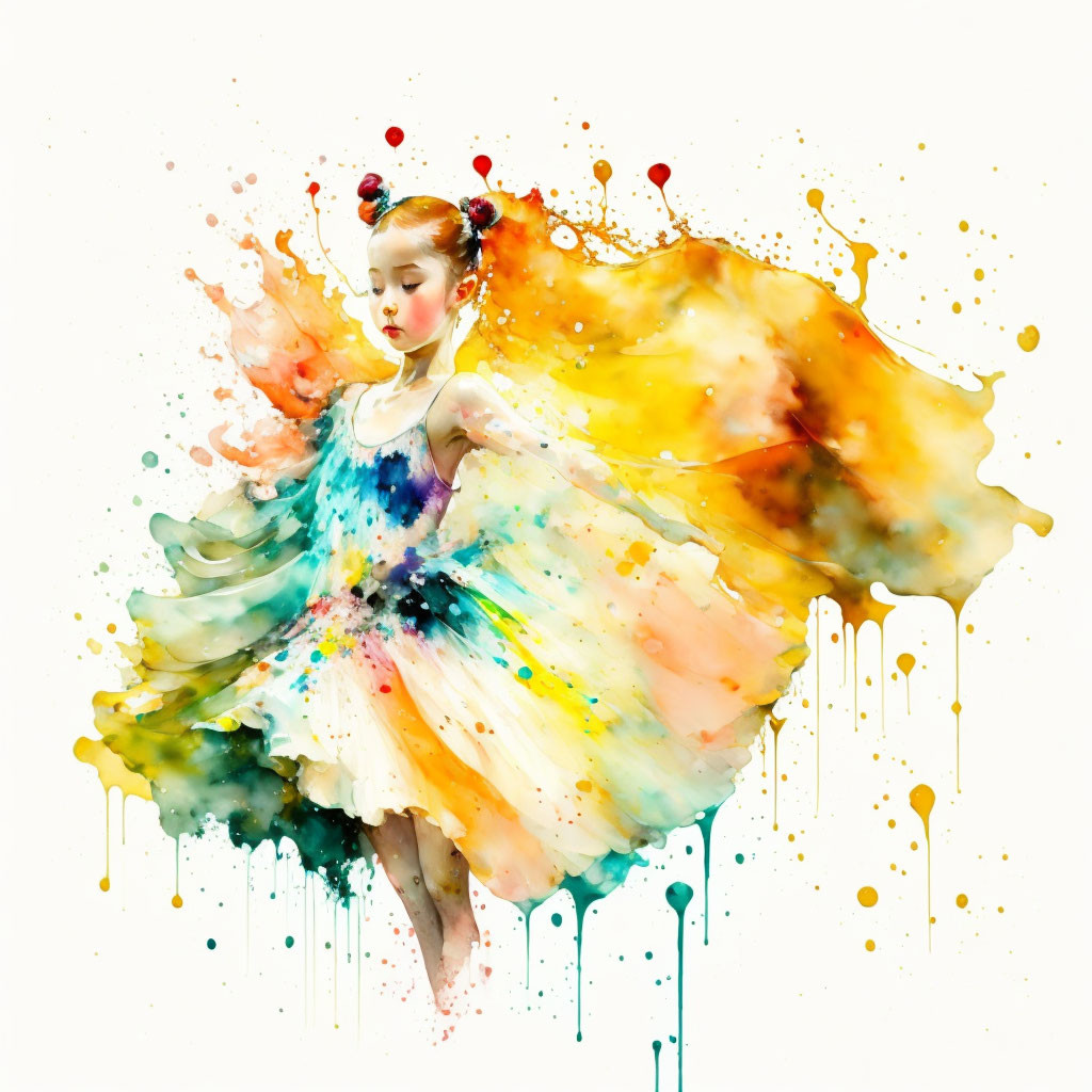 Colorful Watercolor Painting of Young Ballerina in Flowing Dress