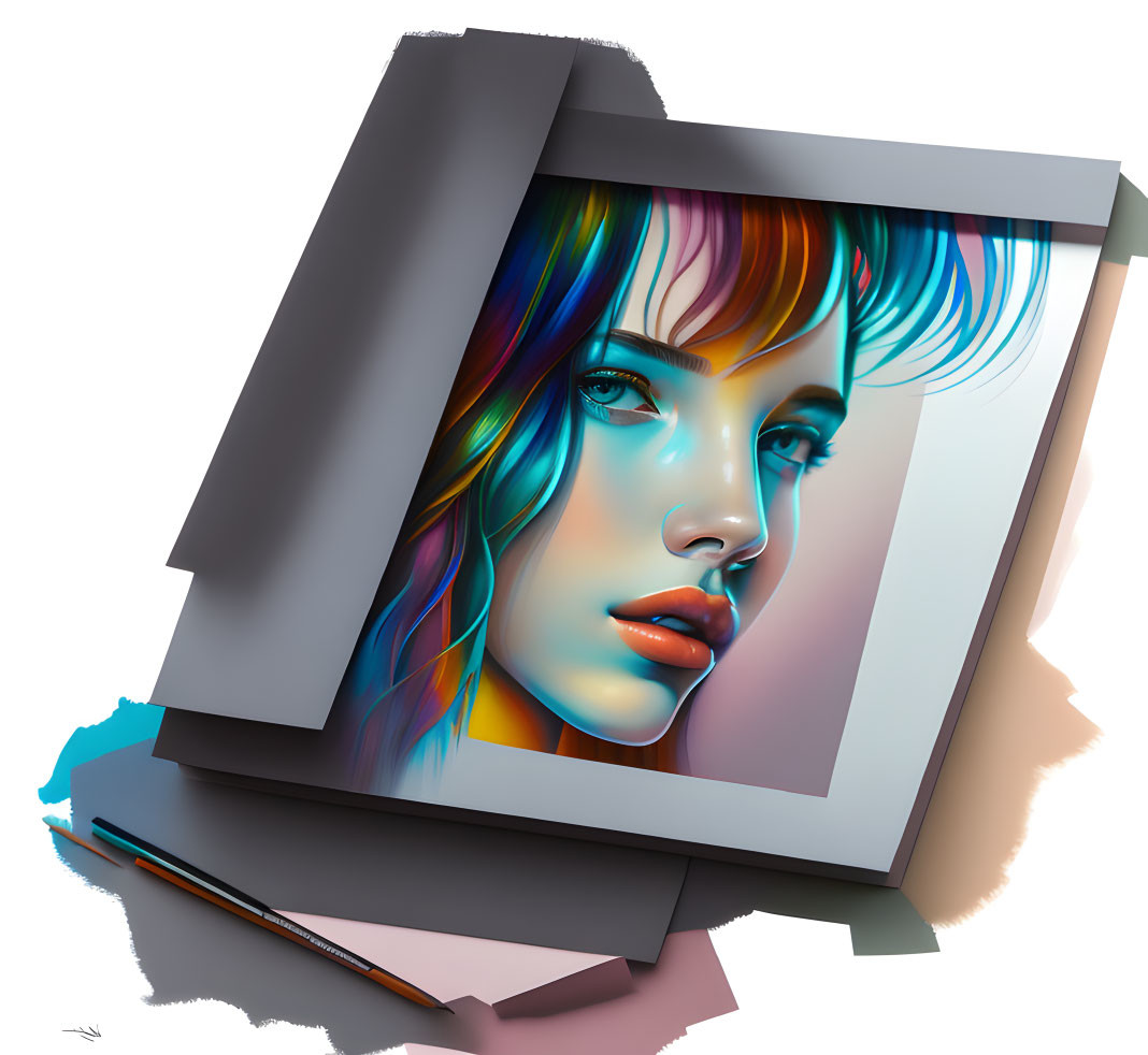 Vibrant hair woman portrait in layered frames