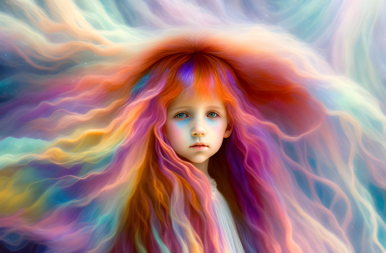 Vibrant portrait of a young girl with blue eyes and colorful hair