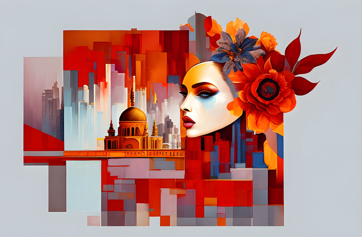 Digital collage featuring stylized female face, architecture, and floral elements on neutral background.