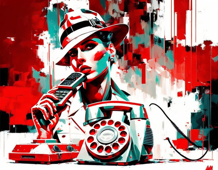 Stylized red and white artwork of woman in hat on rotary phone