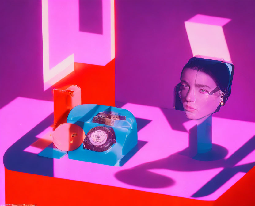 Surreal image featuring woman's face, cosmetics, and geometric shadows in pink and purple tones