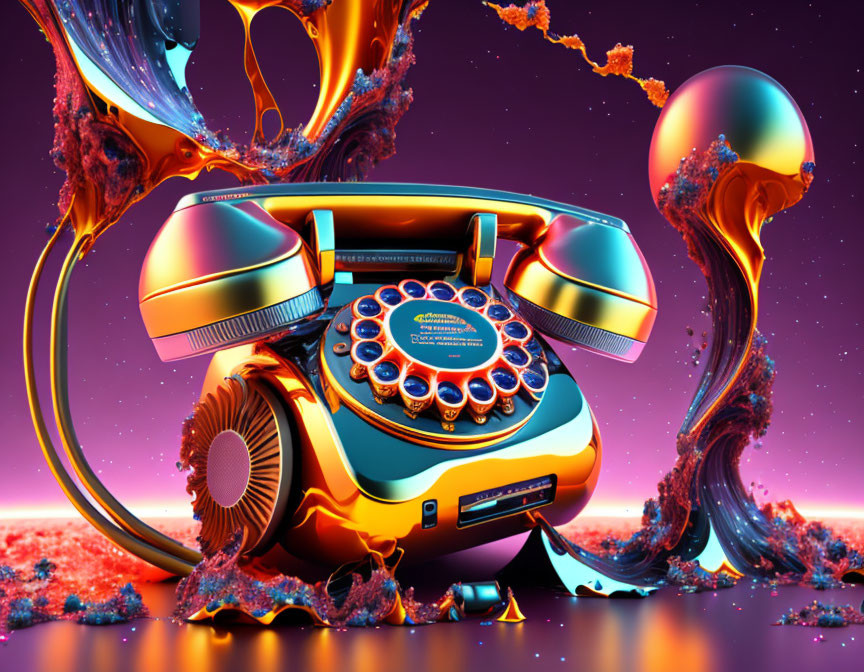 Colorful Surreal Image: Melting Vintage Telephone in Psychedelic Landscape