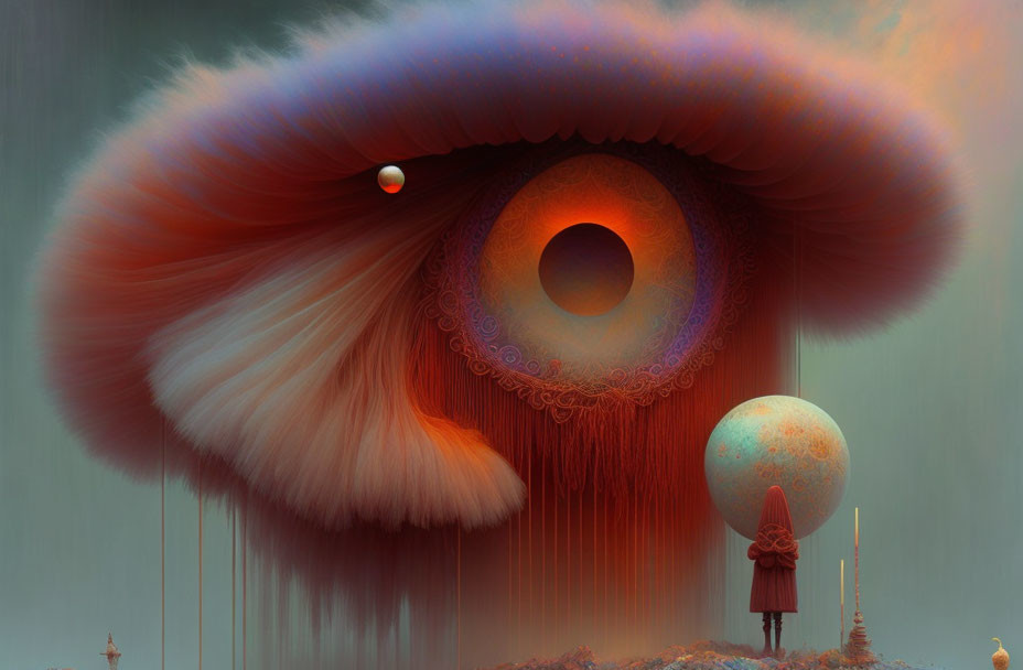 Surreal landscape with giant mushroom-like structure and eye-shaped silhouette in orange sky.