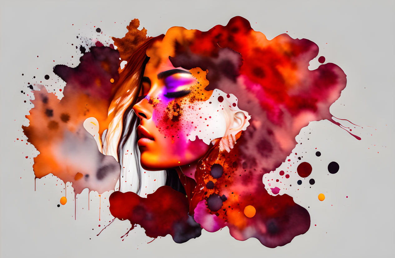 Abstract watercolor portrait with red and orange splashes