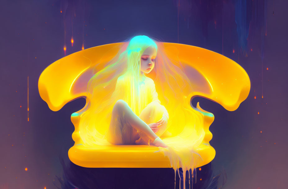 Ethereal figure in glowing mushroom against dark background