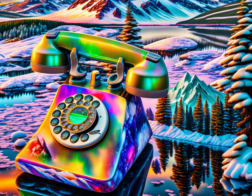 Colorful Psychedelic Rotary Phone Against Winter Landscape