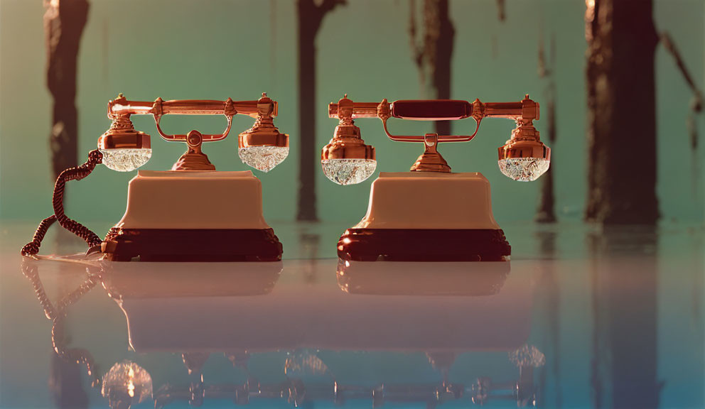 Vintage Rotary Telephones Aligned on Reflective Surface