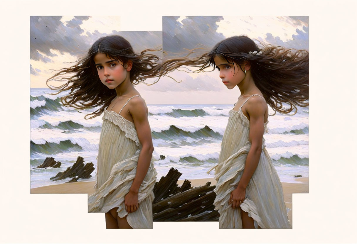 Young girl in white dress on beach with windswept hair and thoughtful expression