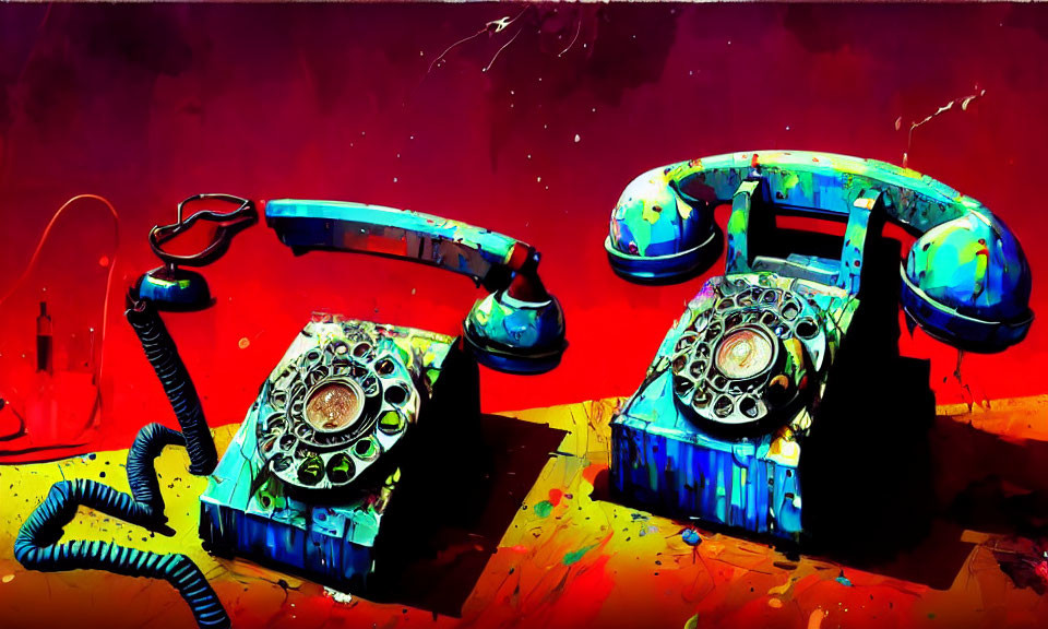 Vintage Rotary Dial Telephones on Red and Purple Background with Paint Splashes