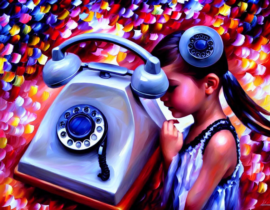 Curious girl in blue dress examines rotary telephone in colorful setting