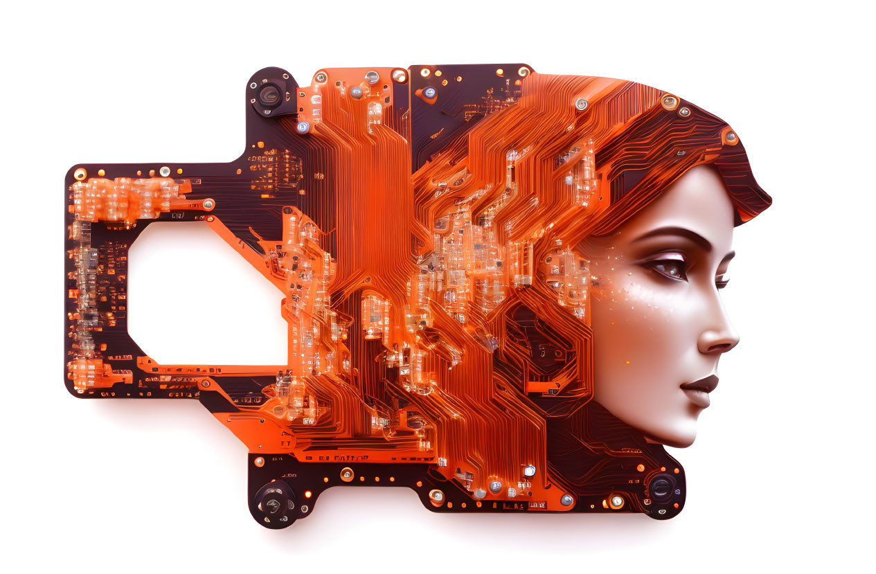 Female Profile Integrated with Circuit Board Pattern: Fusion of Human and Tech