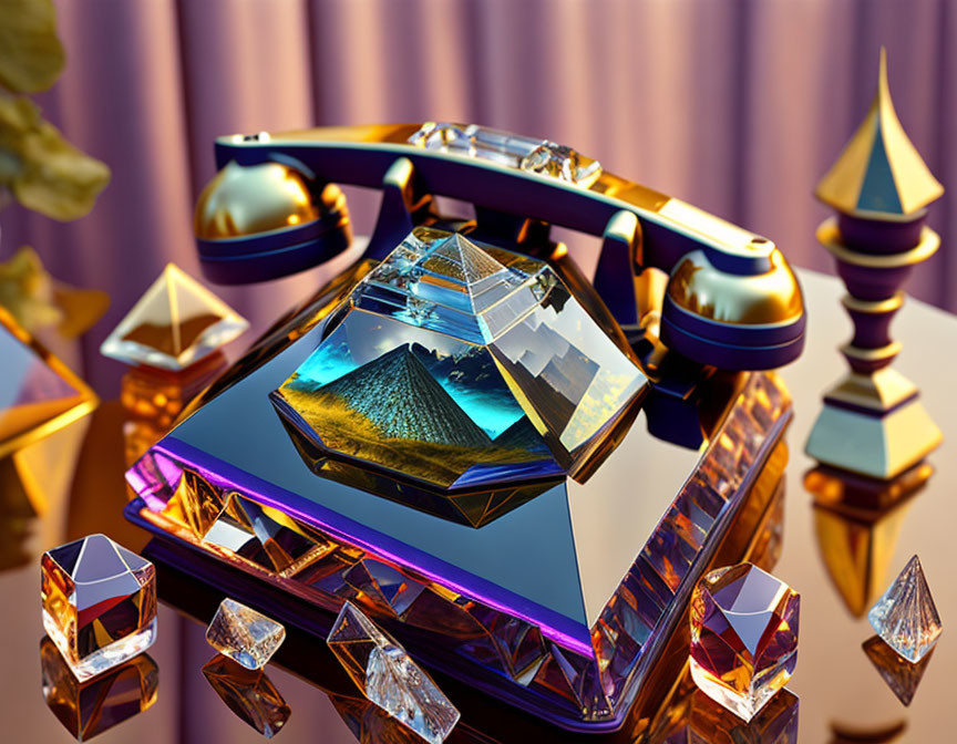 Futuristic 3D-rendered crystal structure on reflective purple surface