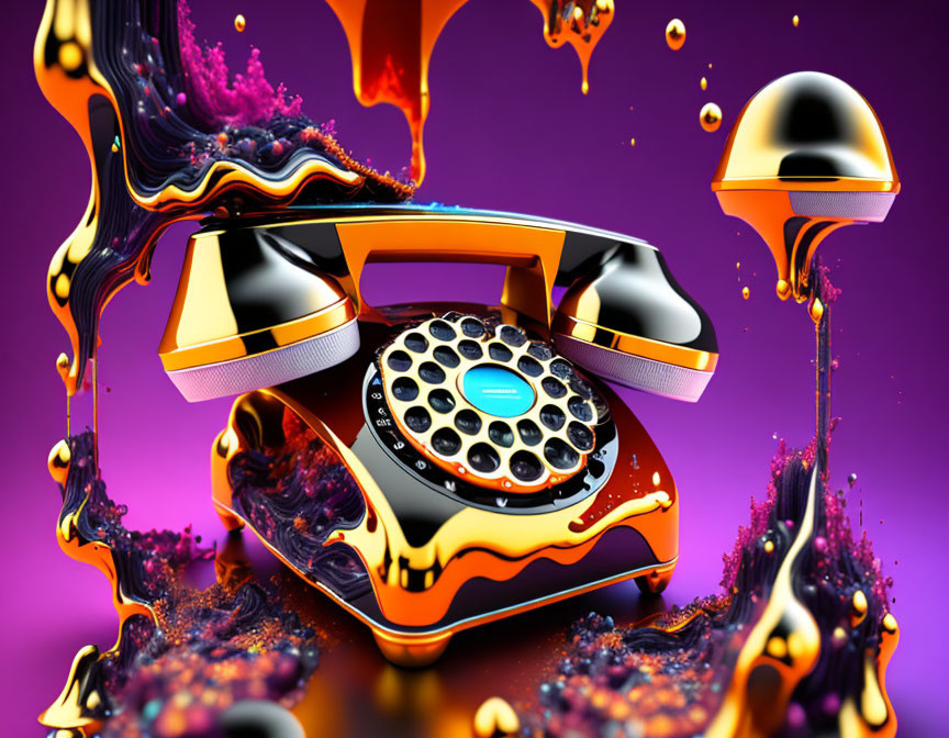 Colorful Retro Rotary Phone Surrounded by Dynamic Liquid Splashes