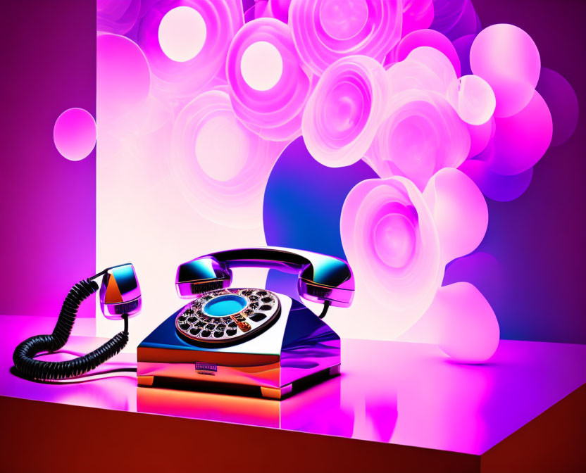 Colorful Retro Rotary Phone on Purple and Pink Abstract Circles