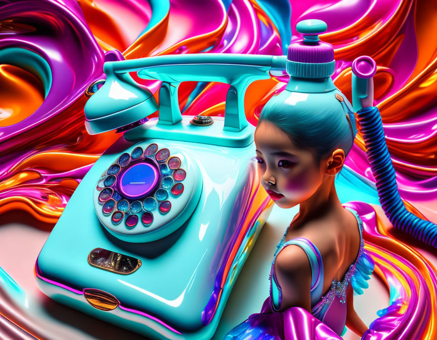 Surreal image of girl with blue skin by vintage turquoise telephone