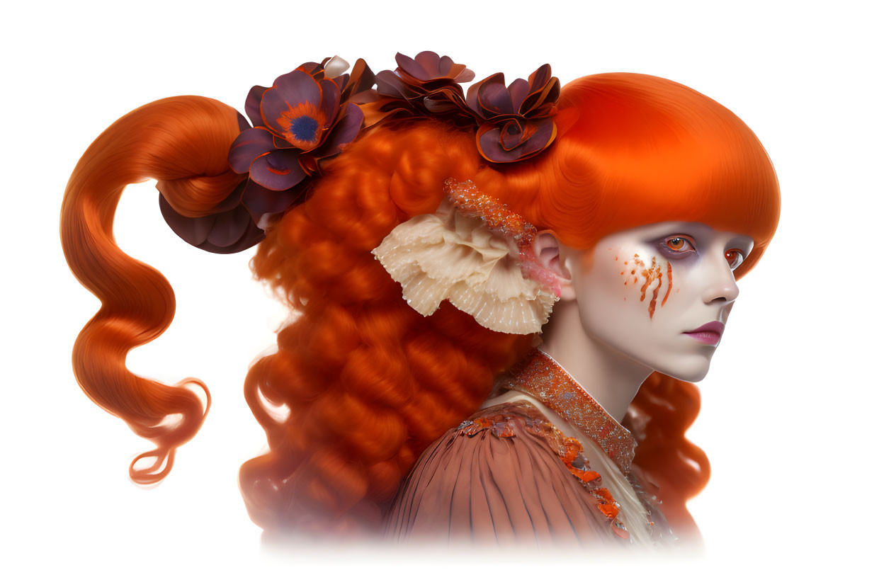 Vibrant orange-haired woman with dark flowers and accessories on white background