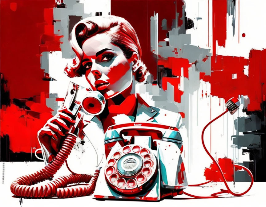 Digital artwork: Woman with retro hairstyle on rotary phone, red and white abstract background