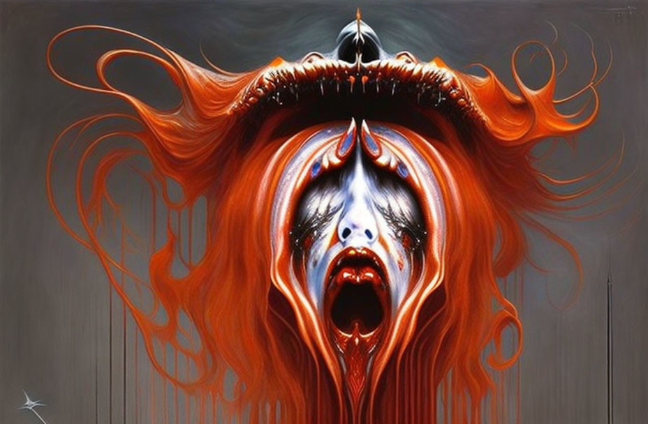 Screaming face with exaggerated features and fiery orange designs