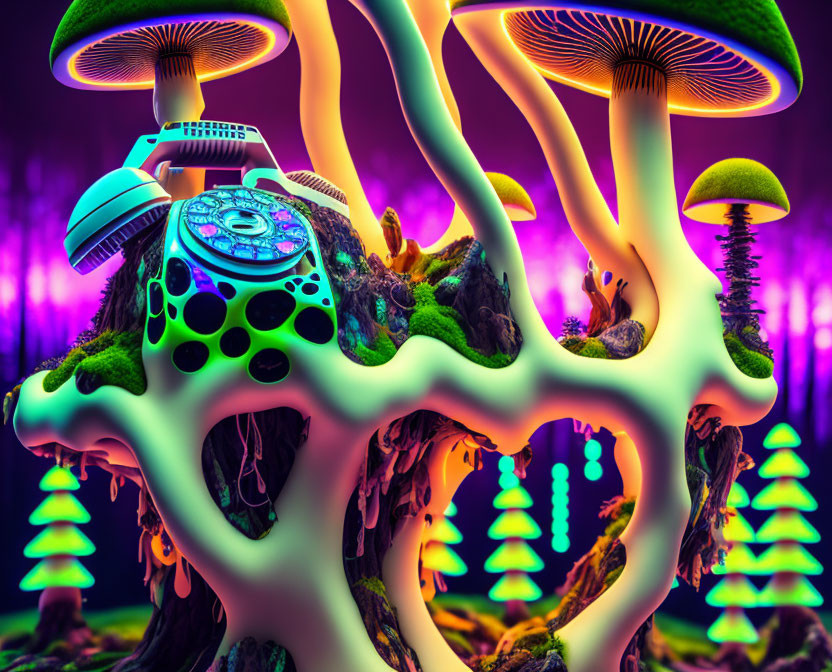 Colorful surreal landscape with neon mushroom structures