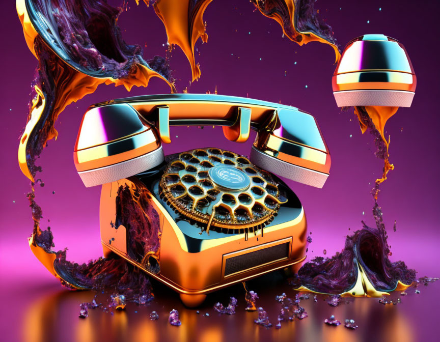 Colorful Retro-Futuristic Telephone Artwork with Liquid Metal Splashes