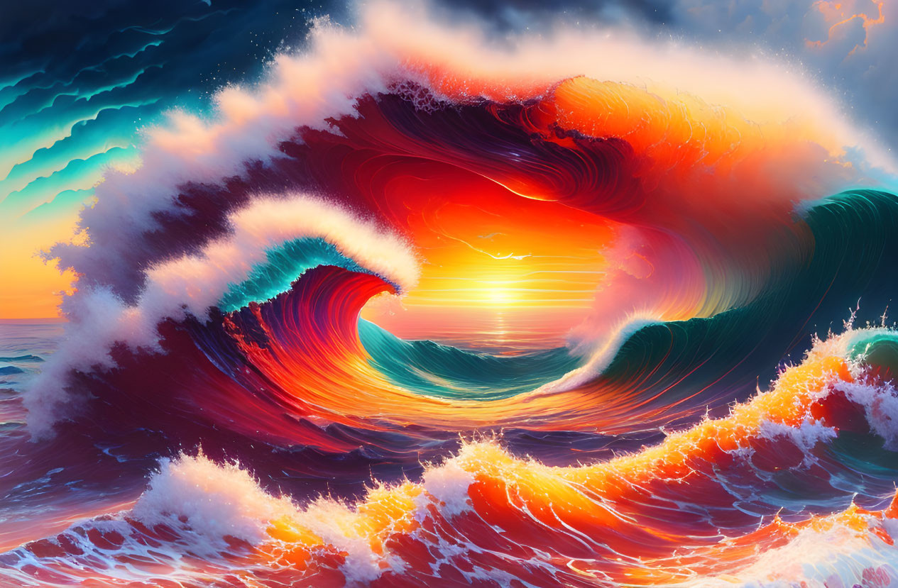 Colorful digital artwork: colossal waves & vivid sunset