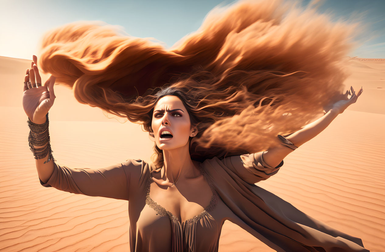 Woman with flowing hair in desert expressing strong emotion with raised arms.