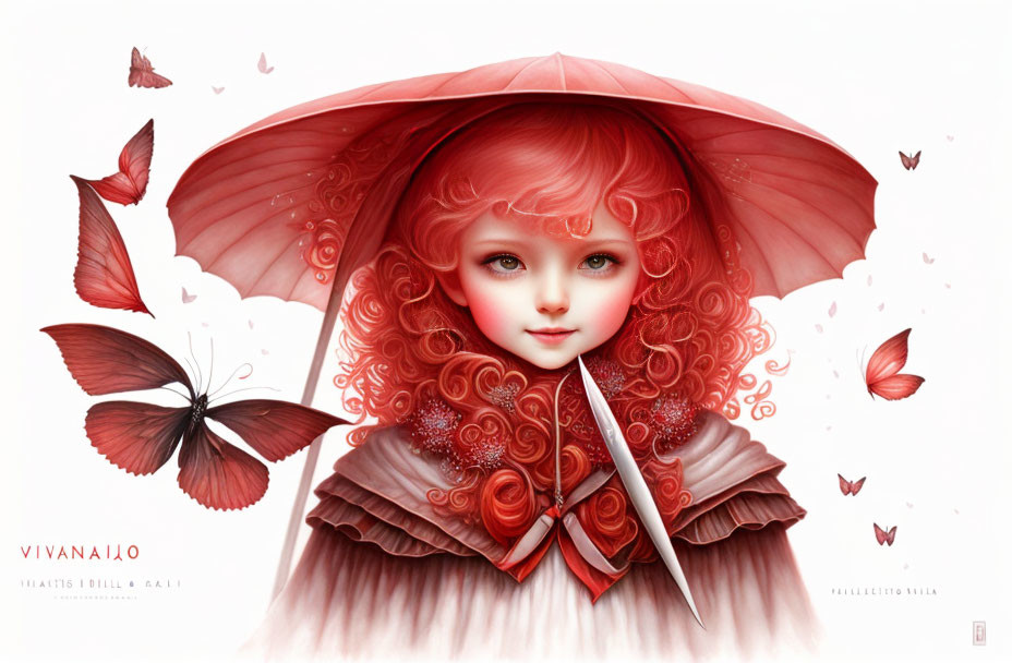 Stylized portrait of girl with red hair under red umbrella surrounded by butterflies