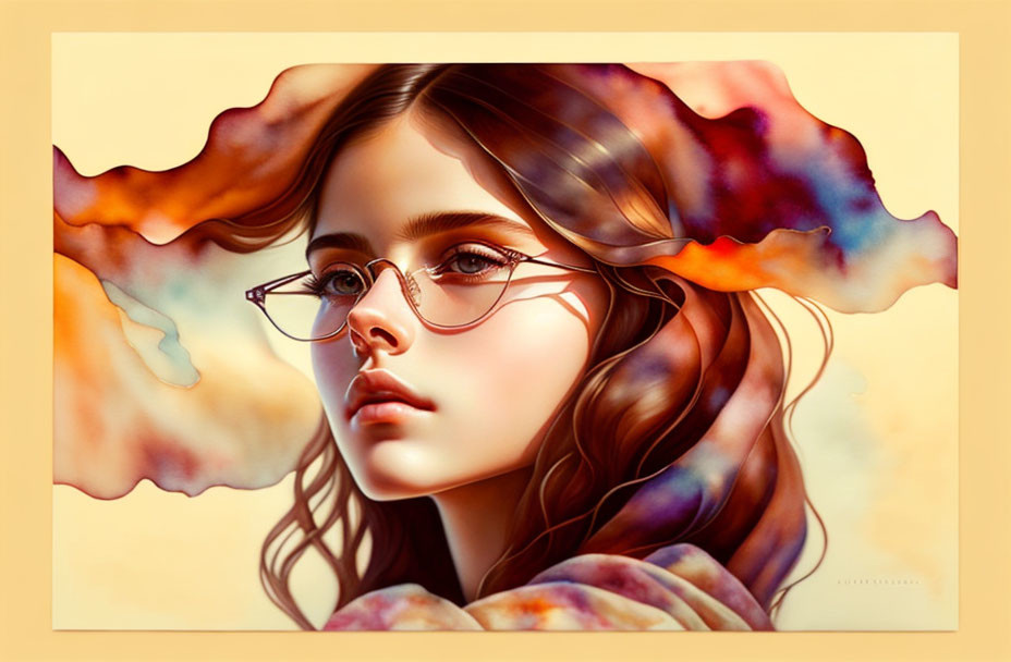 Digital illustration: Woman with glasses, wavy hair, colorful abstract background