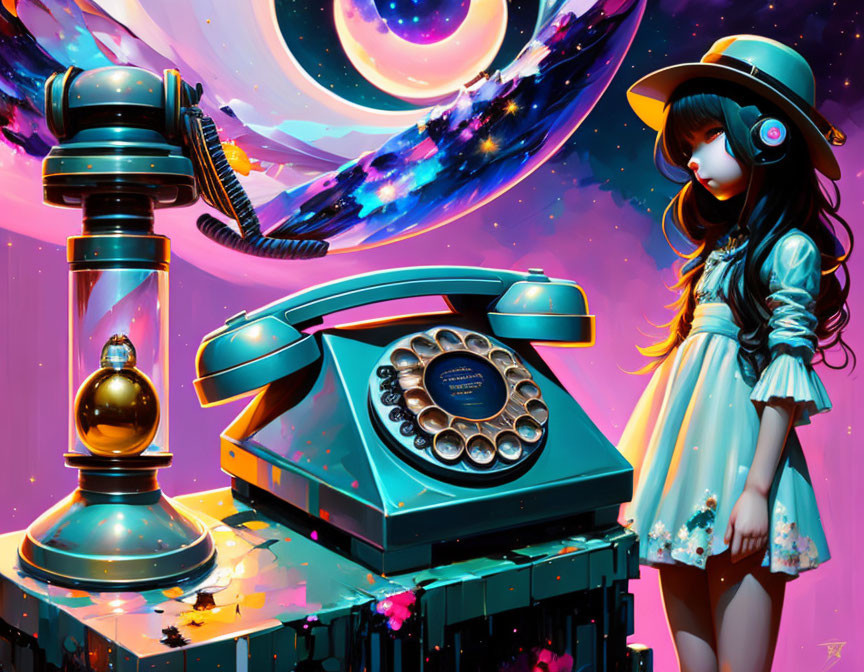 Girl in Blue Dress with Vintage Telephone in Cosmic Setting