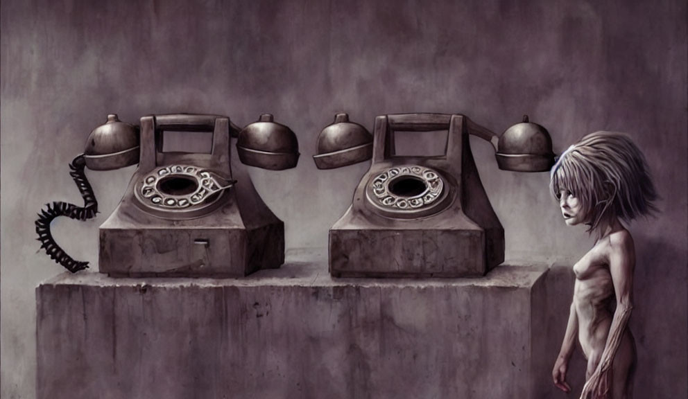 Surreal painting with old-fashioned telephones and apprehensive child