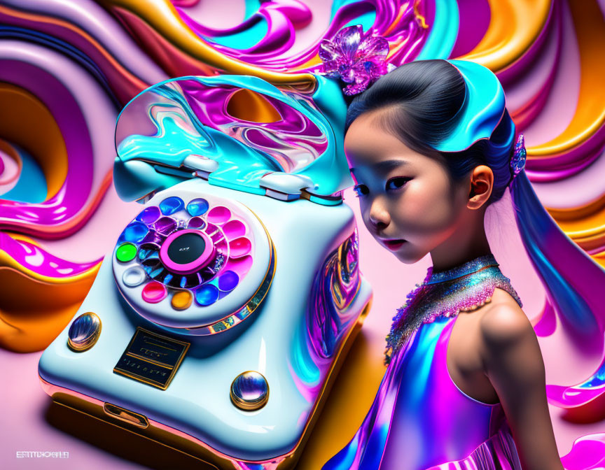 Colorful futuristic hairstyle beside swirl-patterned rotary phone in glossy iridescent hues