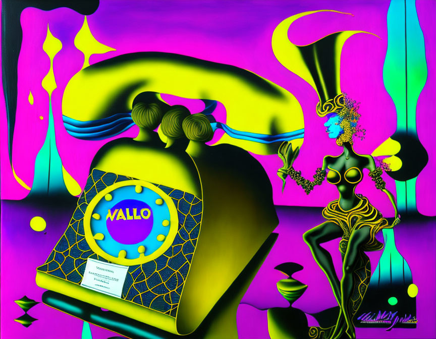 Surreal artwork with purple and yellow color scheme, featuring old-fashioned telephone and stylized female figure