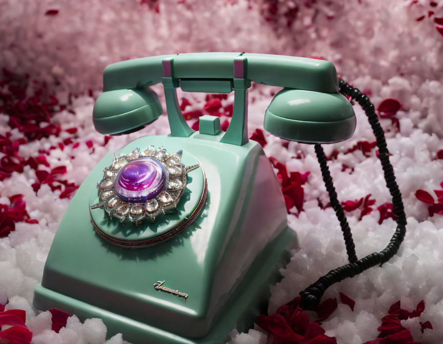 Vintage Mint-Green Telephone with Purple Rotary Dial and Pink Flower Petals