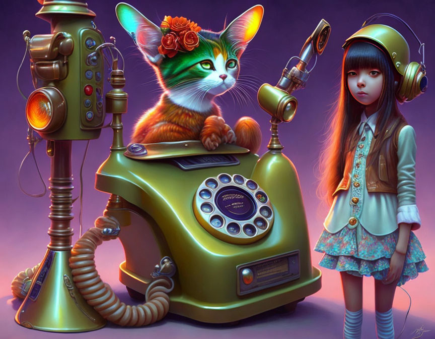 Whimsical illustration of girl in vintage diving helmet with cat on retro telephone