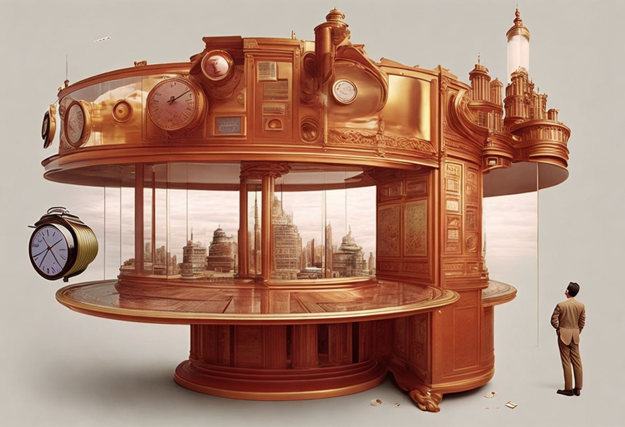 Steampunk-themed bar with floating clocks and cityscape view