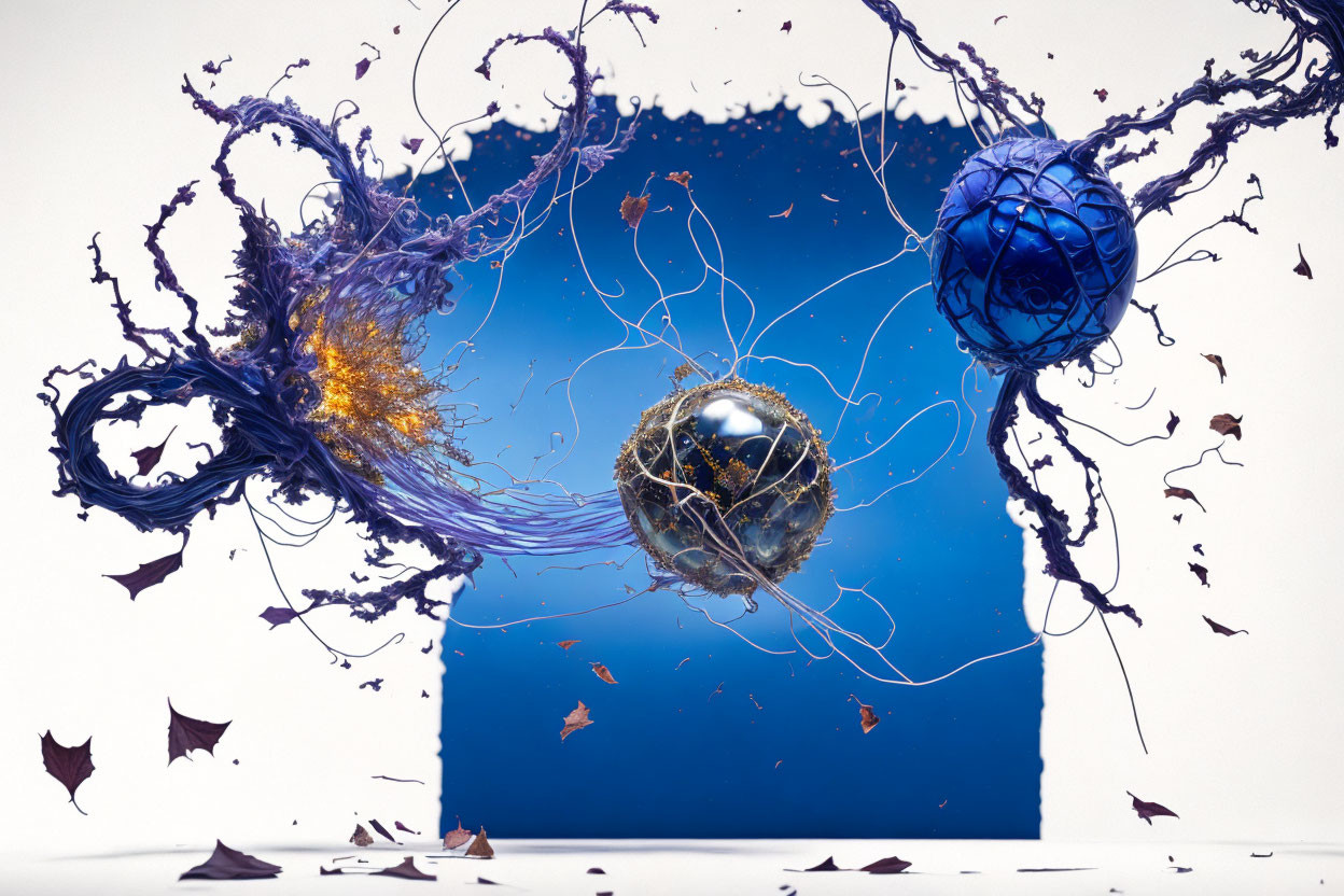 Spherical objects with blue and purple liquids, gold swirls, leaves, white to blue gradient